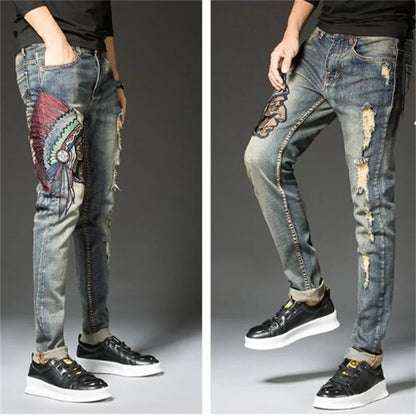 Indian Avatar Embroidered Jeans Men Scratch Long Cracks High Street Pants Soft Red Ears Blue Grey Slim 2020 Western Style