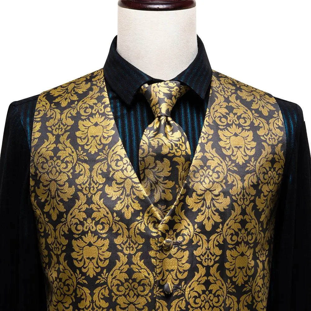 Fashion Silk Vest For Men Classic Gold Champane Yellow Waistcoat Jacket Tie Hankerchief Cufflinks Sets Dress Suit Wedding Hi-Tie