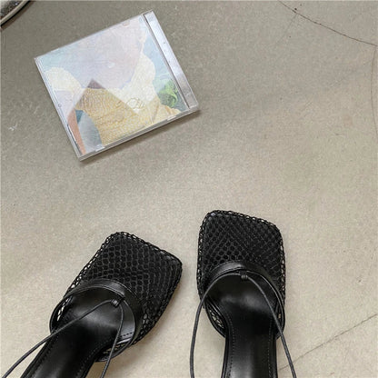 2026 Stiletto Heels Mesh Fashion Sandals Square Toe Cross-Tied Shallow Concise Party Rome Solid Summer Shoes for Women