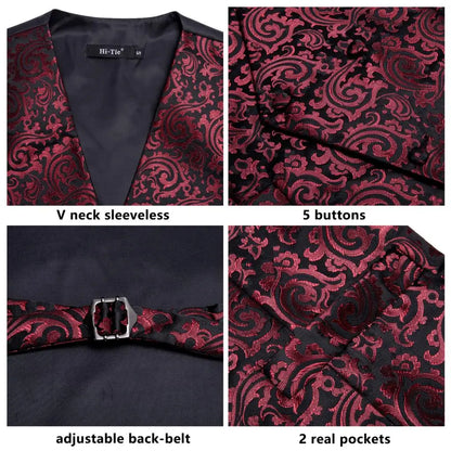 Silk Men's Vests and Tie Business Formal Dresses Slim Vest 4PC Necktie Hanky cufflinks for Suit Blue Paisley Floral Waistcoat