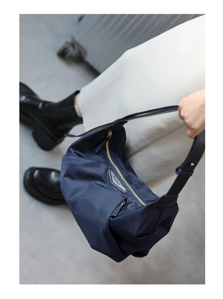 Lightweight Nylon Matching Genuine Leather Crossbody Bag High Quality Single Shoulder Bags Fashion Pleated Messenger Purses