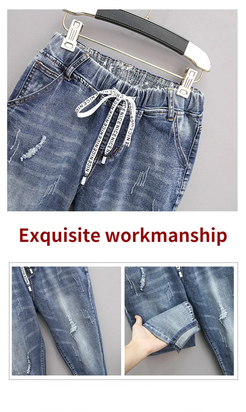 Large Size Baggy Jeans Woman High Waist Loose Harem Pants Elastic Cotton Denim Pants Women Denim Jeans Mom Ripped Jeans