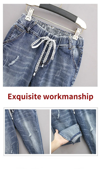 Large Size Baggy Jeans Woman High Waist Loose Harem Pants Elastic Cotton Denim Pants Women Denim Jeans Mom Ripped Jeans