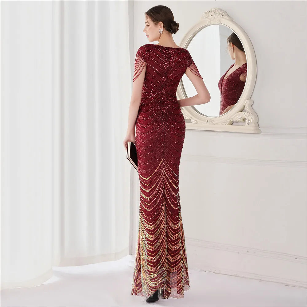 Elegant V Neck Mermaid Evening Dress Long Luxury Beads Women Evening Party Dresses 2025 New Formal Dress 19085
