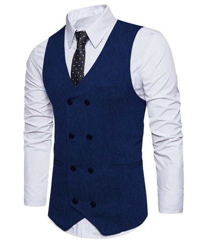 2022 New Men's Royal Blue Double-breasted Vest Suit Vest Casual Top Quality Herringbone Pattern Waistcoat For Wedding