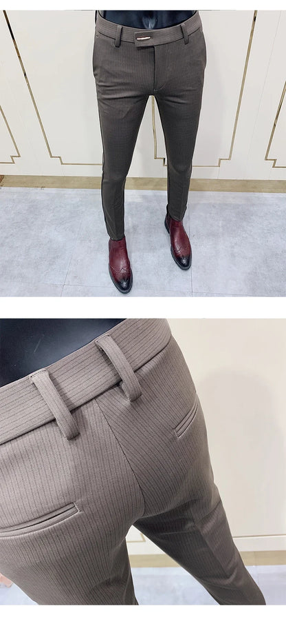 Fashion Striped Suit Pant 2022 Men Elegant Slim Fit Tight-ankle Trousers Pants Men Office Party Business Slim Fit Dress Trousers