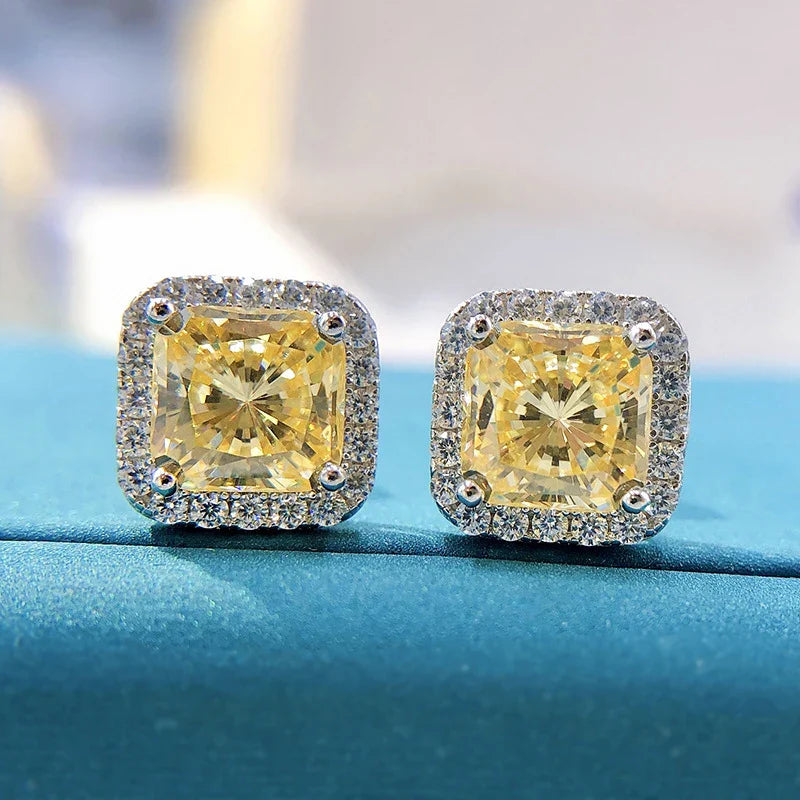 100% 925 Sterling Silver 7*7mm Pink Yellow High Carbon Diamond Stud Earrings For Women Sparkling Wedding Fine Jewelry Gift