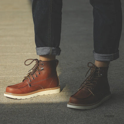 Handmade Men Boots Vintage Casual Autumn Winter Cow Leather Shoes British Ankle Boots Wings Motorcycle Boots Zapatos Hombre