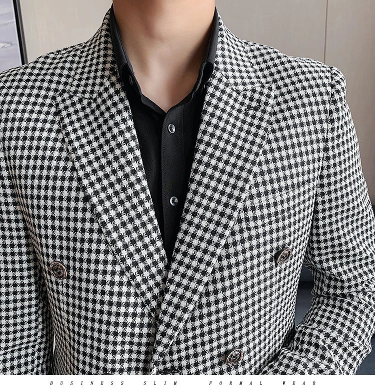 British Style Slim Fit Houndstooth Blazer For Men 2023 Fashion Double Breasted Business Office Wedding Dress Suit Jacket