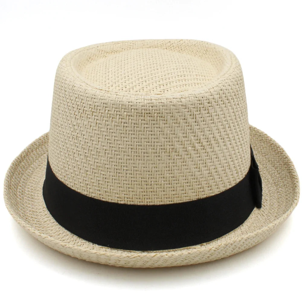 Men Women Classical Straw Pork Pie Hats Fedora Sunhats Trilby Caps Summer Boater Beach Outdoor Travel Party Size US 7 1/4 UK L