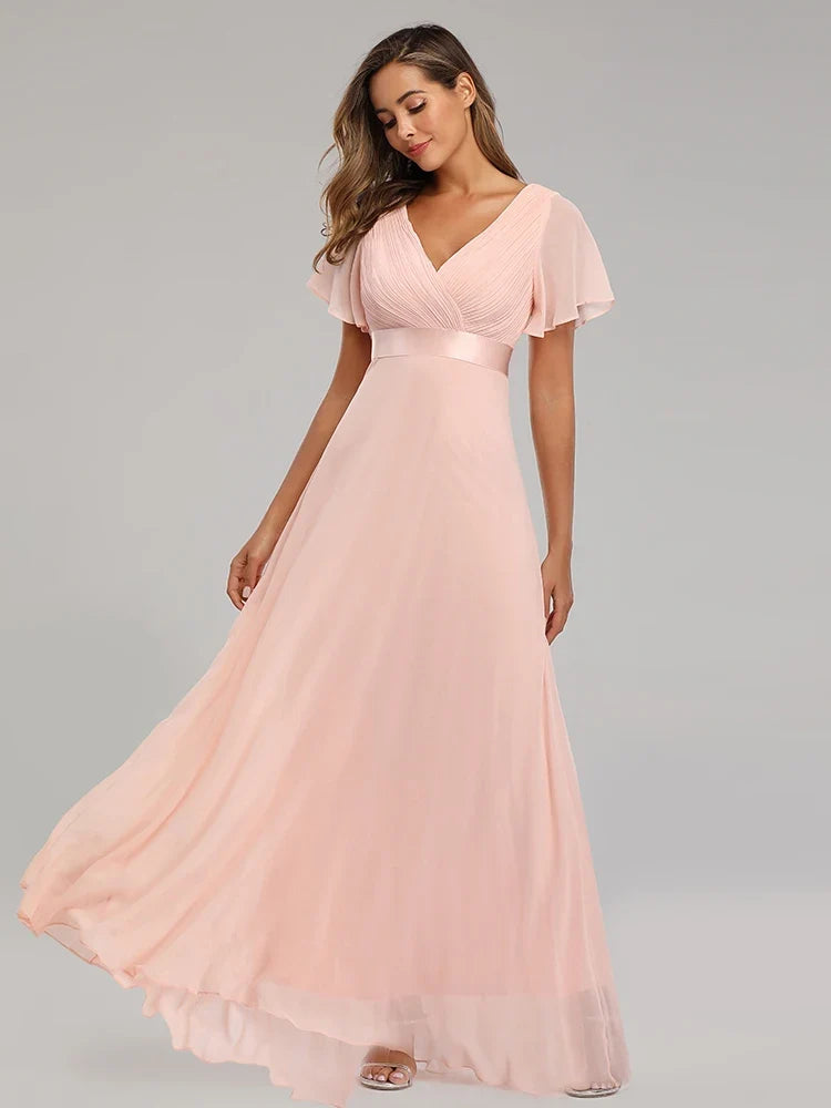 Evening Dresses Elegant V-Neck Ruffles Chiffon Formal Evening Gown  Robe Vestidos De Fiesta Dress for Wedding Party