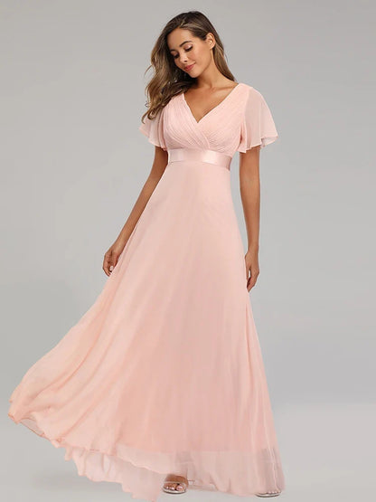 Evening Dresses Elegant V-Neck Ruffles Chiffon Formal Evening Gown  Robe Vestidos De Fiesta Dress for Wedding Party