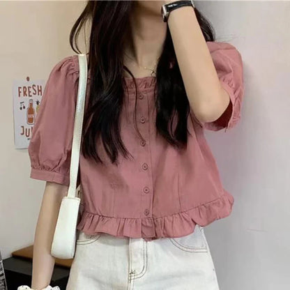 Korean Summer Ruffle Elegant Chiffon Cool Blouse Women Youthful Cute Cropped Tops Chic Short sleeve Feminine Shirt