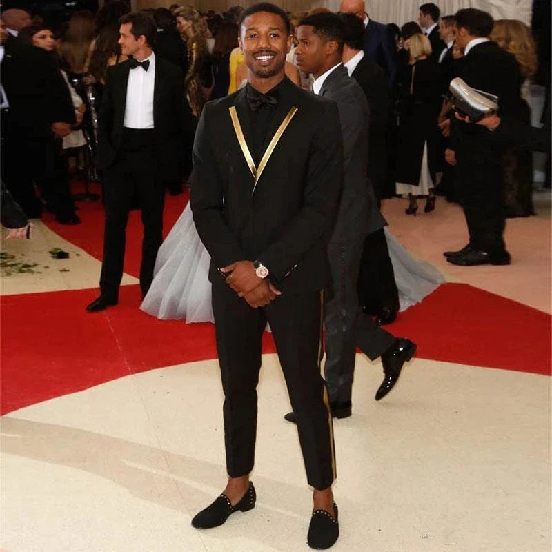 Black Men Suits for Ceremony Prom Party Slim Fit Groom Tuxedo Gold Lapel 2 Piece Best Man Blazer Latest Coat Pant Design Costume