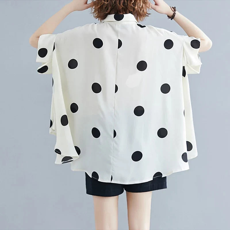 Black Vintage Polka Dot Print Blouse Women New Chiffon Lapel Short Sleeve Loose Casual Shirt Tops Fashion Summer Clothes 2026