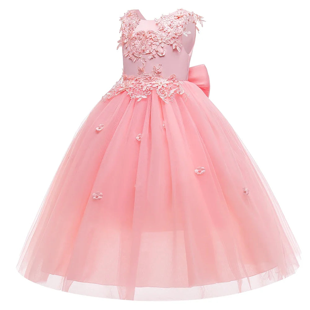 Formal Tulle Flower Bridesmaid Girls Dress Vestido White Wedding Princess Prom Kids Party Dresses For Girls Bow Birthday Costume