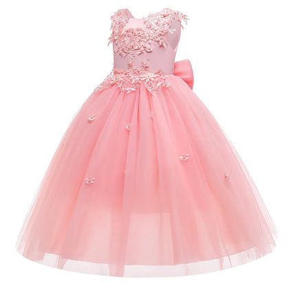 Formal Tulle Flower Bridesmaid Girls Dress Vestido White Wedding Princess Prom Kids Party Dresses For Girls Bow Birthday Costume