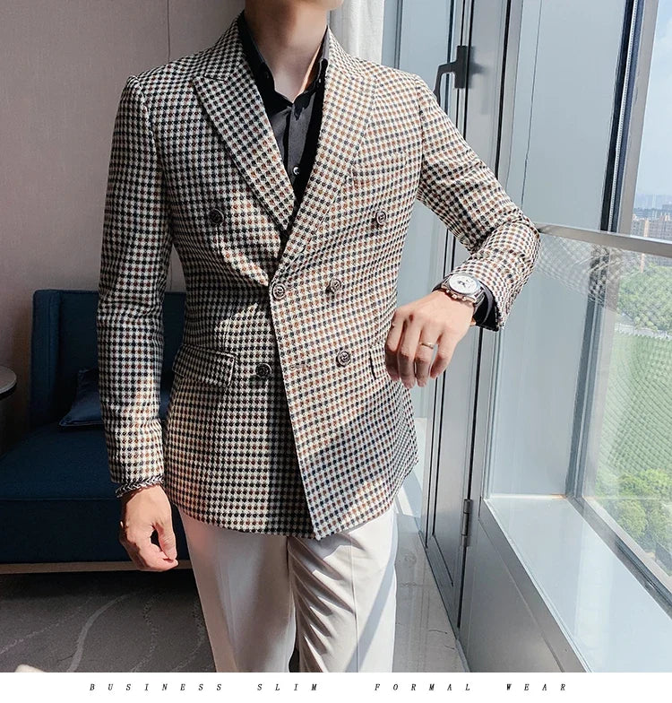 British Style Slim Fit Houndstooth Blazer For Men 2023 Fashion Double Breasted Business Office Wedding Dress Suit Jacket