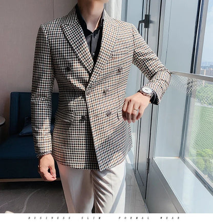 British Style Slim Fit Houndstooth Blazer For Men 2023 Fashion Double Breasted Business Office Wedding Dress Suit Jacket