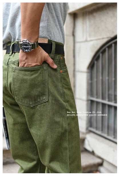 Men Jeans Vulcanization Olive Green 107 Selvedge Denim Jeans Men Washed Slim Fit 14 Oz Zipper Fly