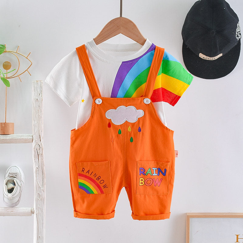 Summer Baby Boys Girls Clothes Infant Cotton Rainbow T Shirt Bib Pants 2pcs/Set Kids Garment Children Casual Sport Suit 0-4 Year