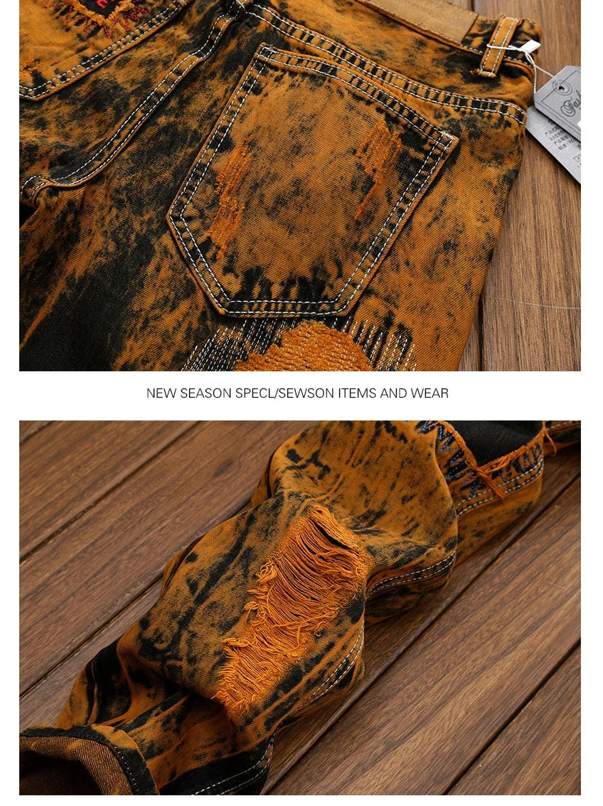 3D Black Patch Brown Jeans Men's High Street Pure Cotton Frayed Hole Fishing Net Decoration Elastic Comfortable Pants New