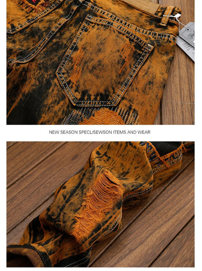 3D Black Patch Brown Jeans Men's High Street Pure Cotton Frayed Hole Fishing Net Decoration Elastic Comfortable Pants New