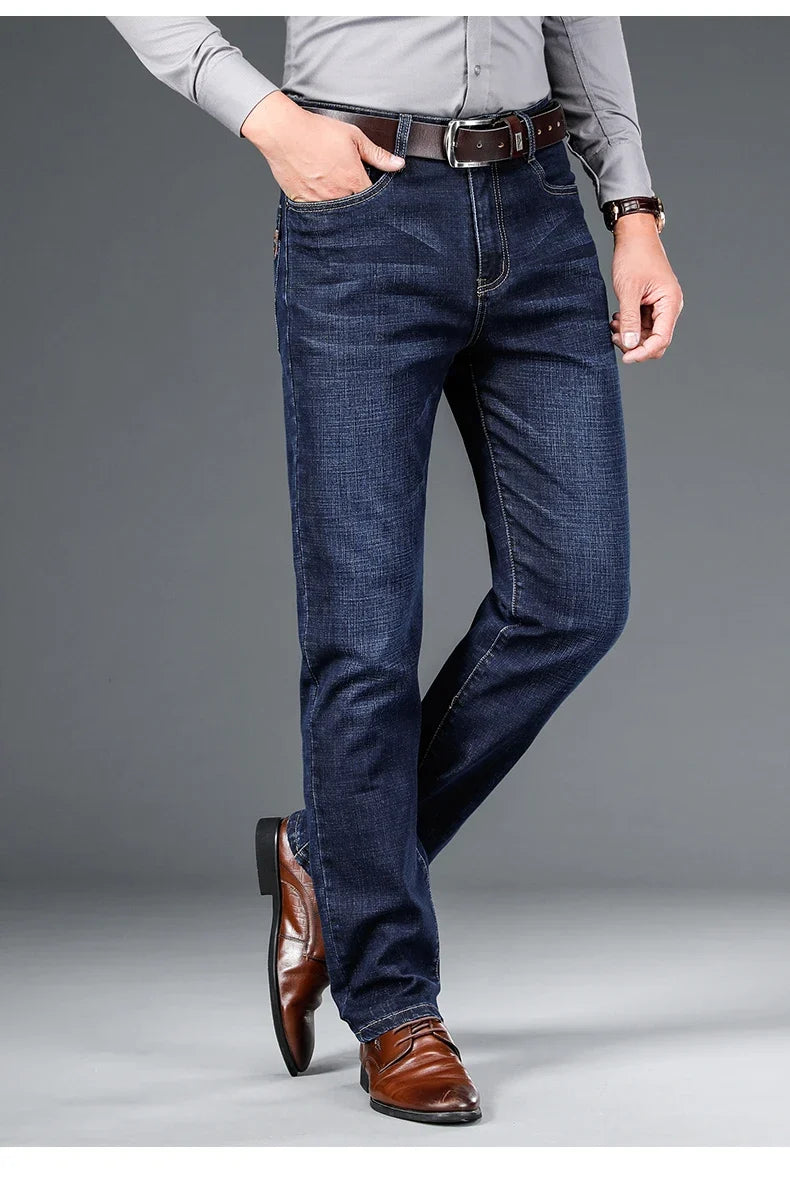 2024 autumn spring fitted straight stretch denim jeans classic style badge youth men's business casual jeans trousers