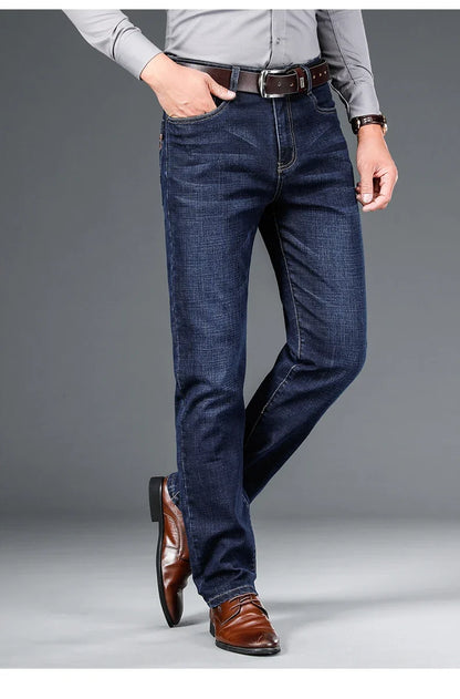 2024 autumn spring fitted straight stretch denim jeans classic style badge youth men's business casual jeans trousers