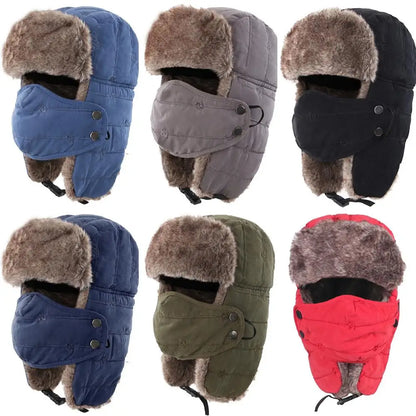 Men's Warm Chunky Trapper Hat Removable Windproof Winter Russian Hats with Mask Ushanka Hat
