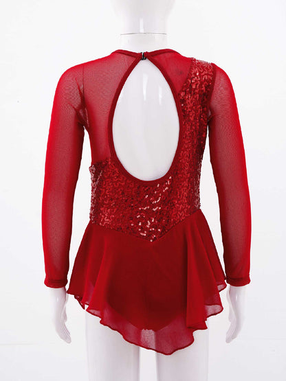 Girls Figure Ice Skating Dress Sparkly Sequin Gymnastics Dance Ballet Tutu Leotard Kids Long Sleeve Mesh Splice Dance Costume
