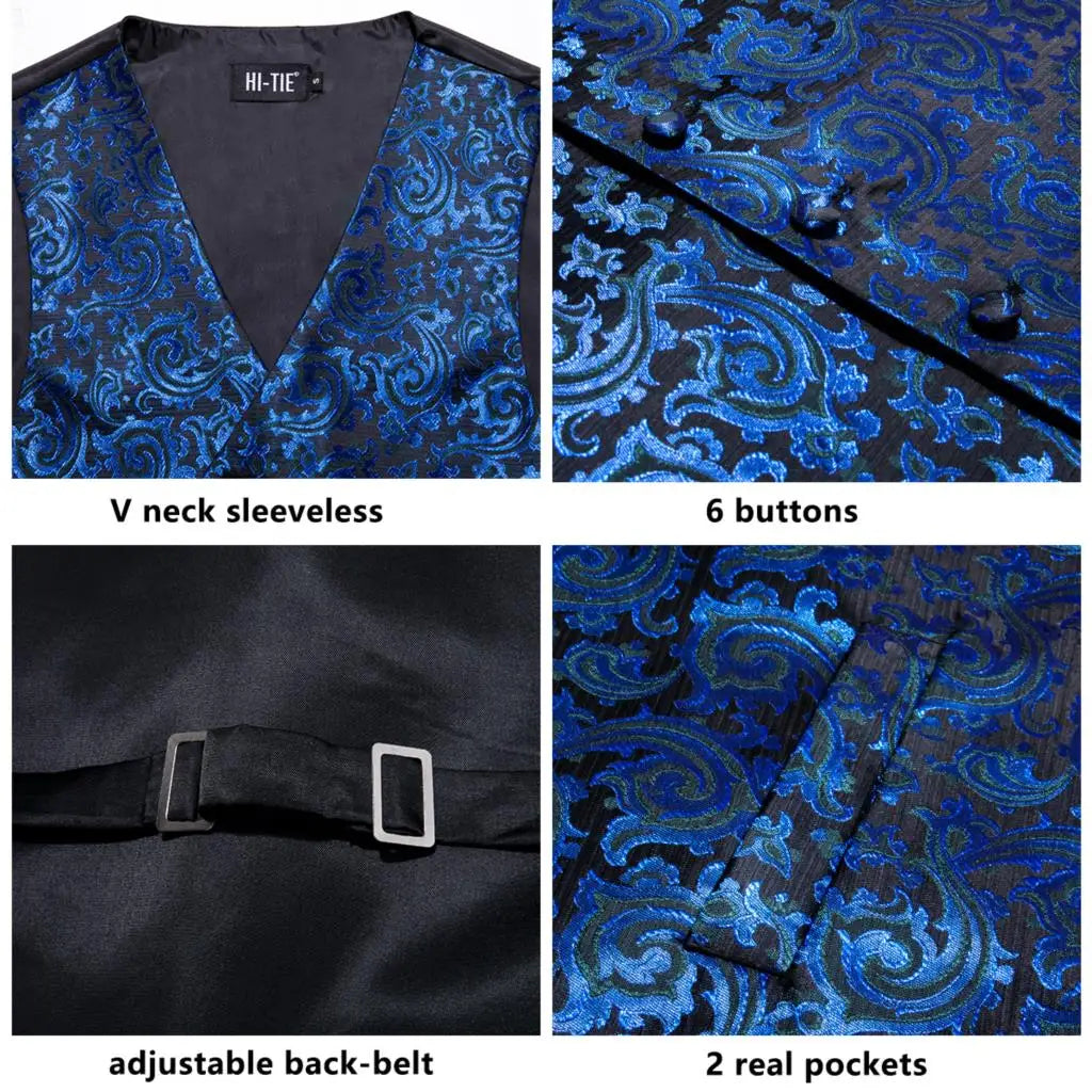 Silk Mens Vests Sleeveless Waist Jacket Jacquard Black Orange Floral Waistcoat Tie Hanky Cufflinks Set for Men Casual XXL