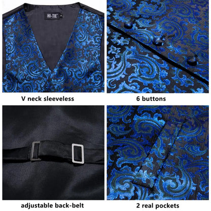 Silk Mens Vests Sleeveless Waist Jacket Jacquard Black Orange Floral Waistcoat Tie Hanky Cufflinks Set for Men Casual XXL
