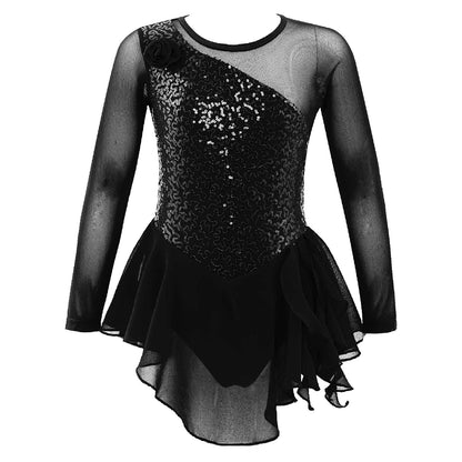 Girls Figure Ice Skating Dress Sparkly Sequin Gymnastics Dance Ballet Tutu Leotard Kids Long Sleeve Mesh Splice Dance Costume