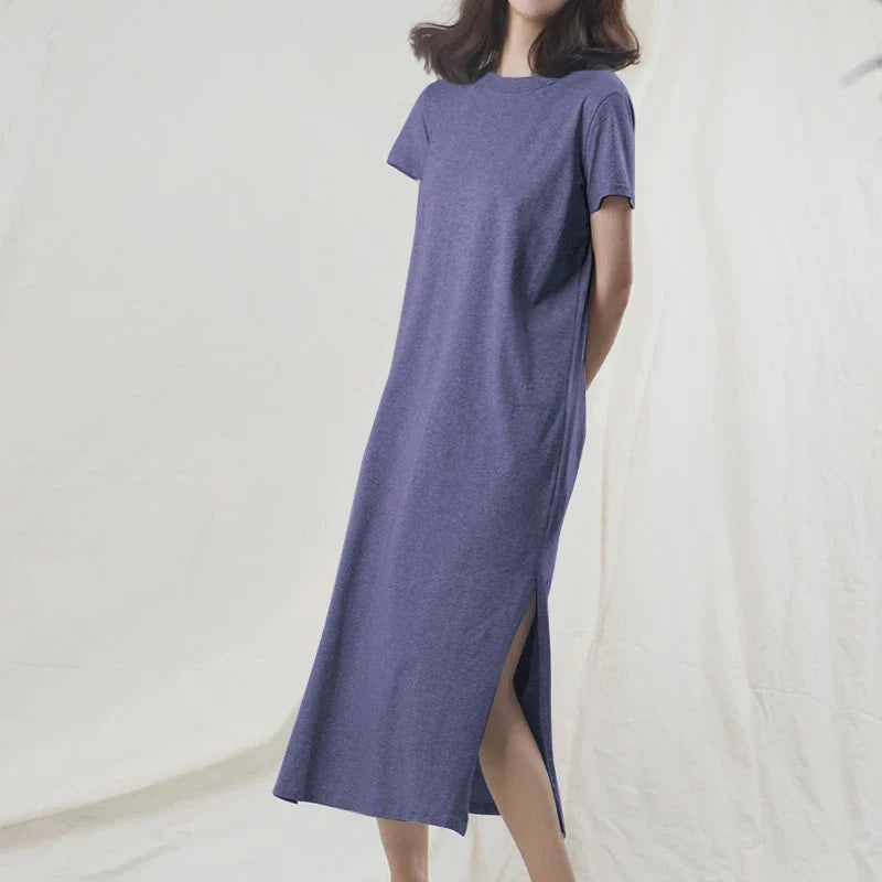 Original Casual 94% Cotton Summer Women's Dresses Solid Short Sleeve Spilt Long Midi Dress Fashion Sundress Female Clothing