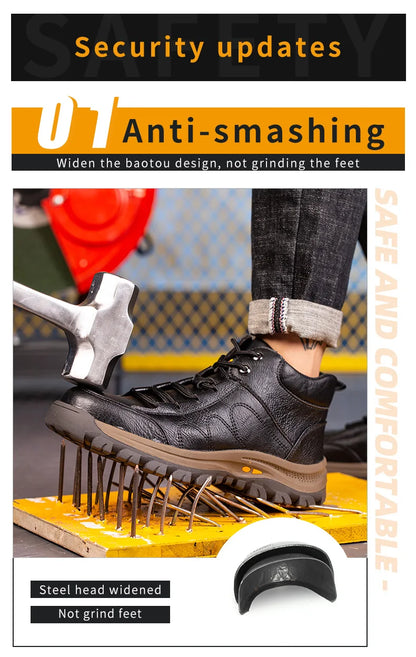Men Leather Safety Work Boots Steel Toe Puncture-proof Indestructible Safety Shoes Staleneus Construction Welding Work Boots