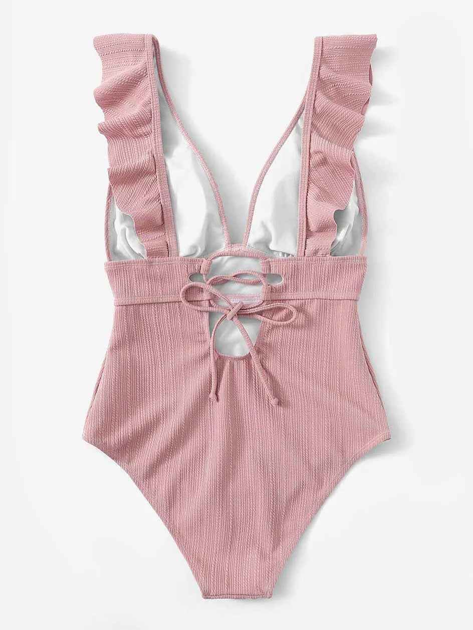 Sexy Ruffle Swimwear Women`s 2025 Deep V One Piece Swimsuit Female Bathing Suit Woman Bodysuit Swimming for Beach Wear Monokini