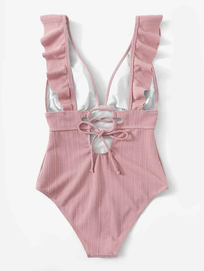 Sexy Ruffle Swimwear Women`s 2025 Deep V One Piece Swimsuit Female Bathing Suit Woman Bodysuit Swimming for Beach Wear Monokini