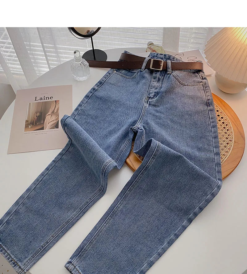 Straight Jeans Women with Belt Vintage Basic Blue Ankle-length Denim Pants Boyfriend Gray Jeans Korean 2021