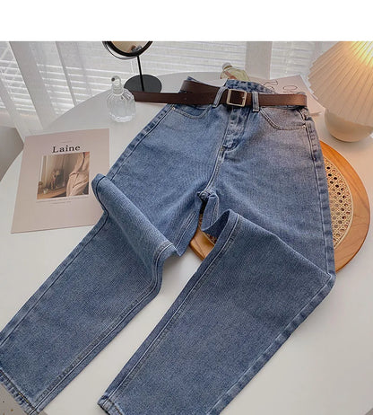 Straight Jeans Women with Belt Vintage Basic Blue Ankle-length Denim Pants Boyfriend Gray Jeans Korean 2021
