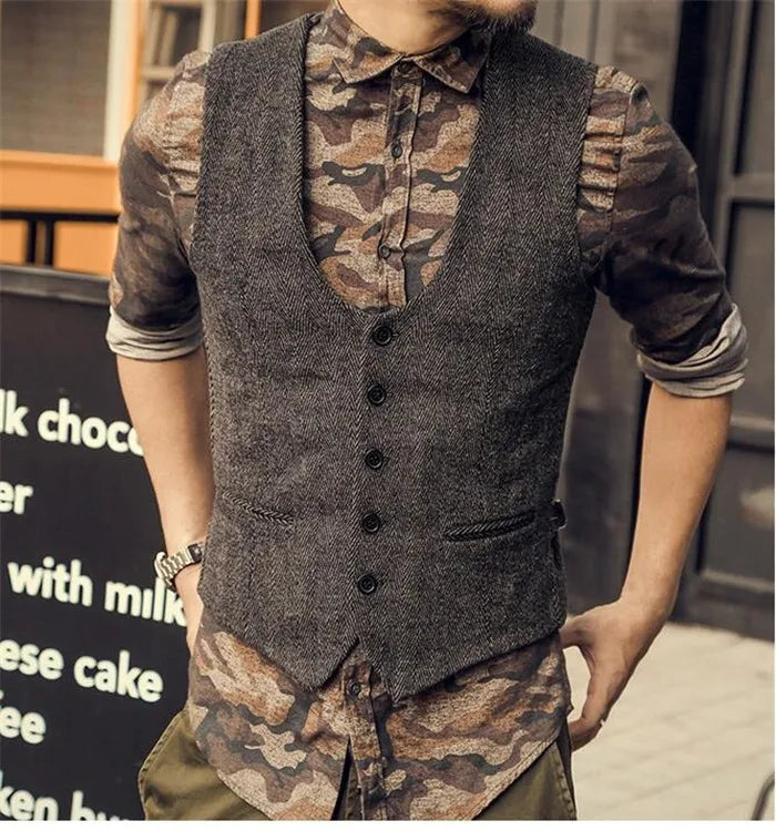 2022 Brown Men's Casual Herringbone Pattern Suit Vest Wool/Tweed Suit Vest U-neck Waistcoat Groomsmen For Wedding