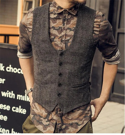 2022 Brown Men's Casual Herringbone Pattern Suit Vest Wool/Tweed Suit Vest U-neck Waistcoat Groomsmen For Wedding