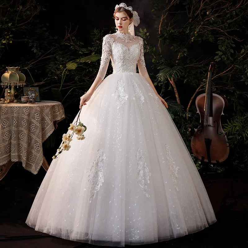 High Neck Wedding Dress 2024 Luxury Three Quarter Sleeve Lace Up Ball Gown Vestido De Noiva Plus Size Customized