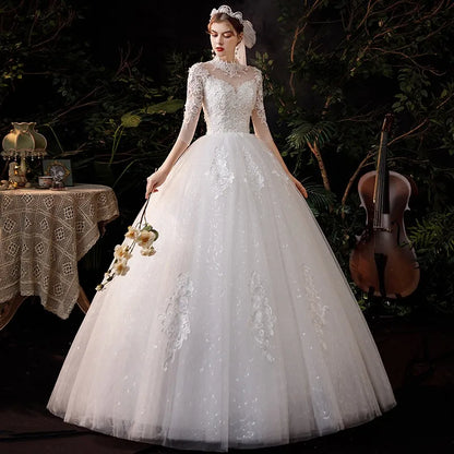 High Neck Wedding Dress 2024 Luxury Three Quarter Sleeve Lace Up Ball Gown Vestido De Noiva Plus Size Customized