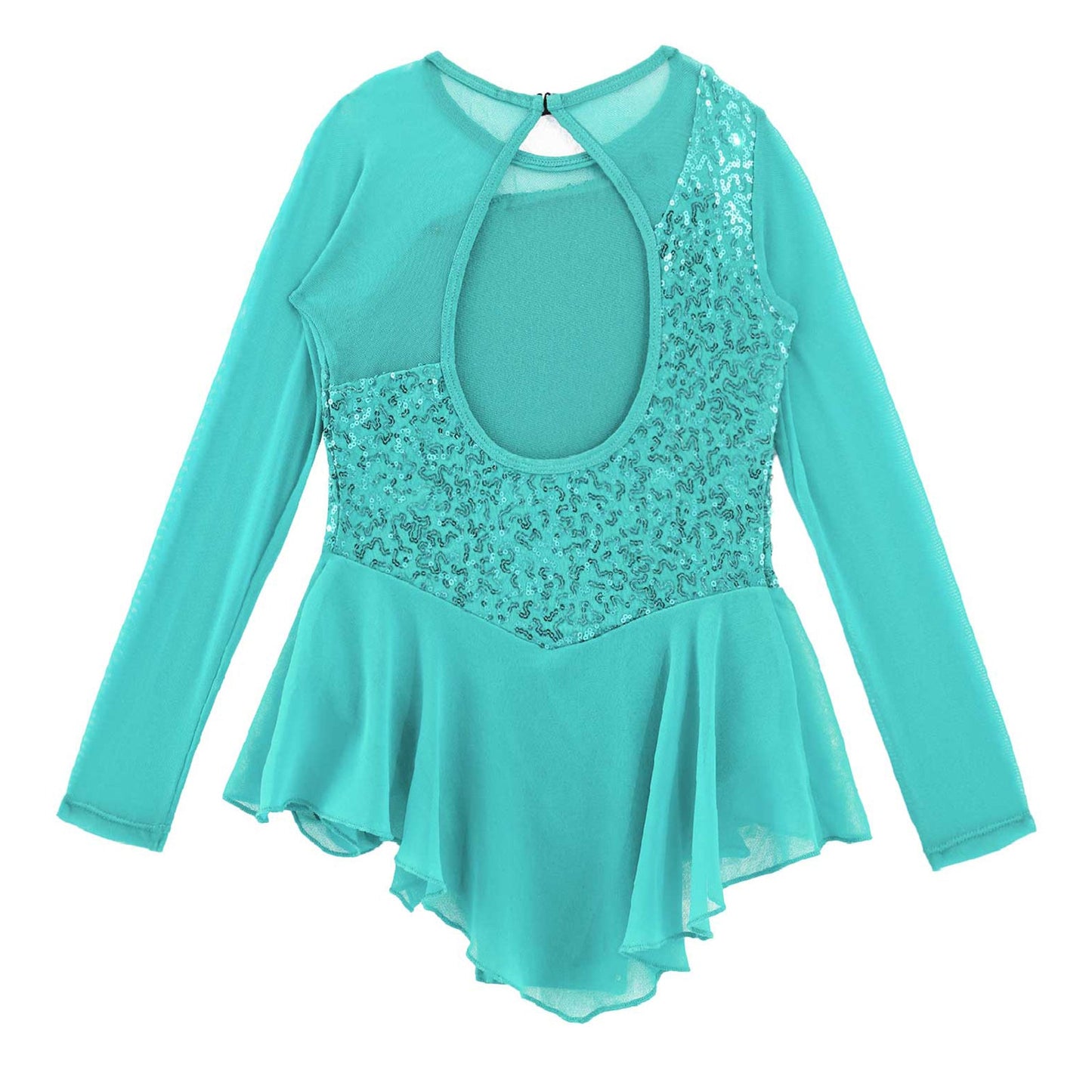 Girls Figure Ice Skating Dress Sparkly Sequin Gymnastics Dance Ballet Tutu Leotard Kids Long Sleeve Mesh Splice Dance Costume
