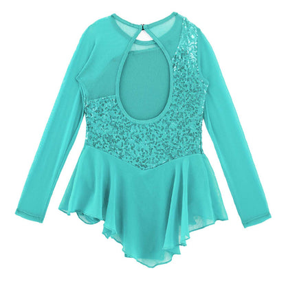Girls Figure Ice Skating Dress Sparkly Sequin Gymnastics Dance Ballet Tutu Leotard Kids Long Sleeve Mesh Splice Dance Costume