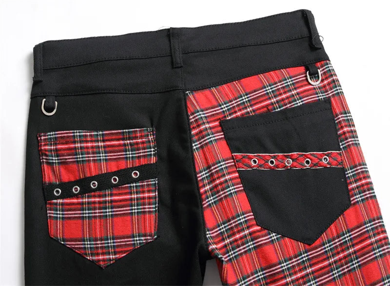 New Fashion Red Plaid Patchwork Punk Zipper Men Pencil Jeans Trousers Y2K Buckle Hip Hop Gothic Slim Denim Pants Pantaloni Uomo