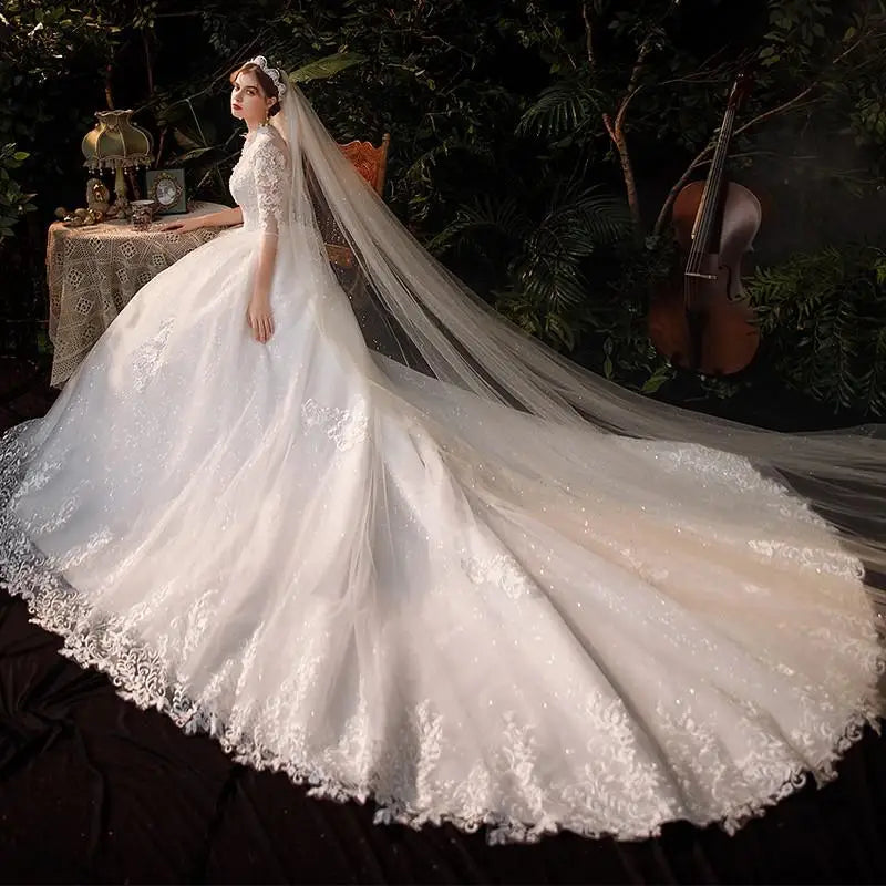 High Neck Wedding Dress 2024 Luxury Three Quarter Sleeve Lace Up Ball Gown Vestido De Noiva Plus Size Customized