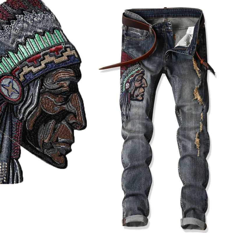Indian Avatar Embroidered Jeans Men Scratch Long Cracks High Street Pants Soft Red Ears Blue Grey Slim 2020 Western Style