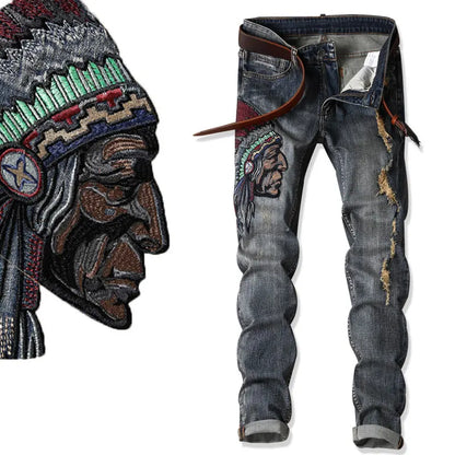 Indian Avatar Embroidered Jeans Men Scratch Long Cracks High Street Pants Soft Red Ears Blue Grey Slim 2020 Western Style